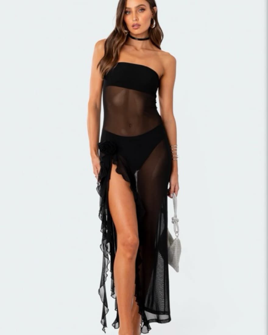 Edikted Sheer Mesh Flower Pin Maxi Dress - Image 1