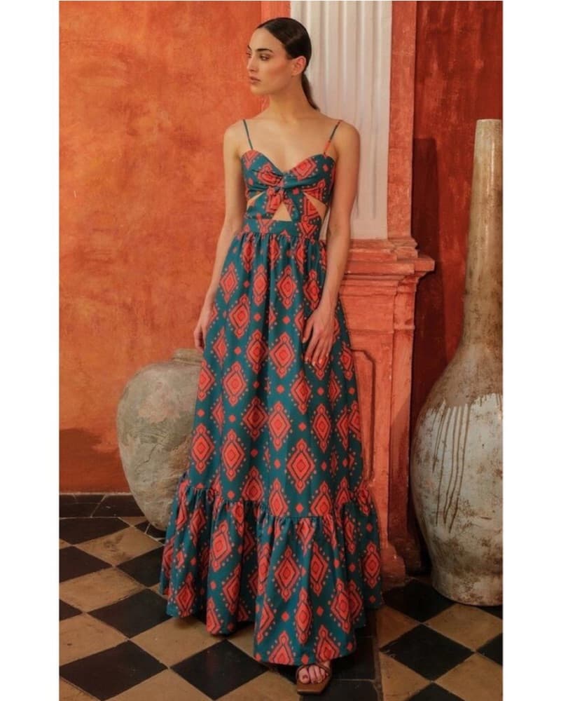 Vibrant Printed Teal Orange Maxi Dress - Image 1