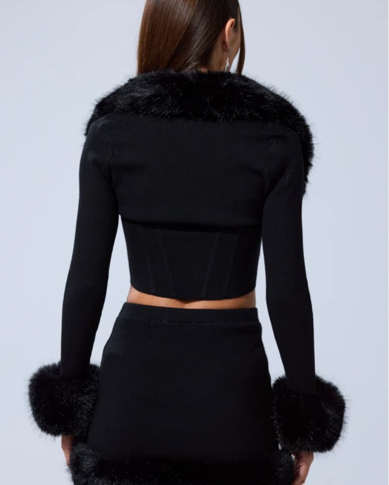 Chic Black Fur Trim Crop Top and Mini Skirt Set - Image 5