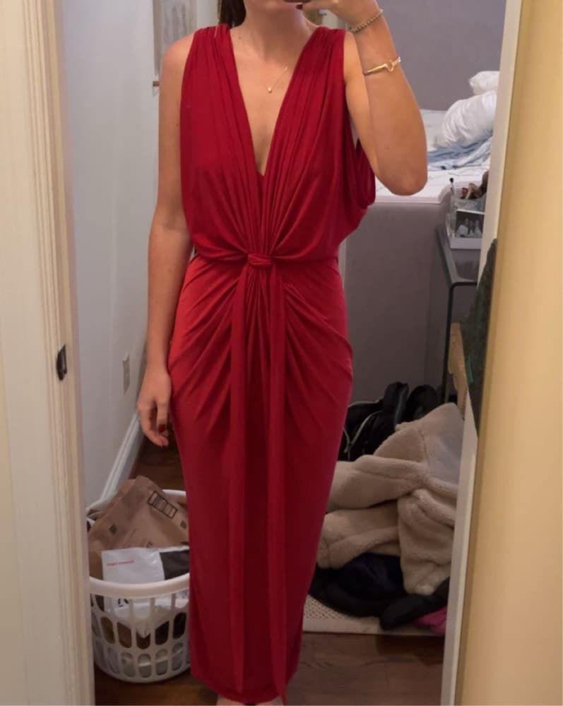 Misa Red Draped Maxi Dress - Image 3