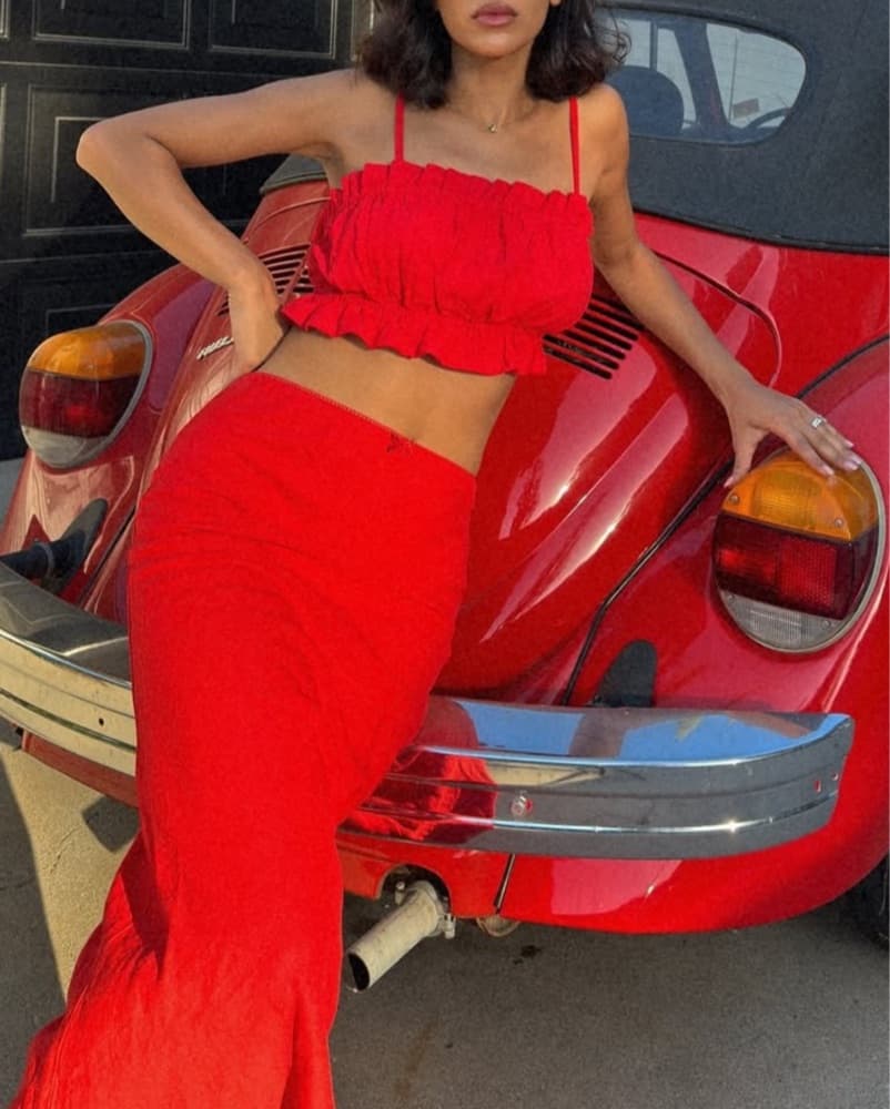 Red Ruffle Crop Top And Maxi Skirt  - Image 1