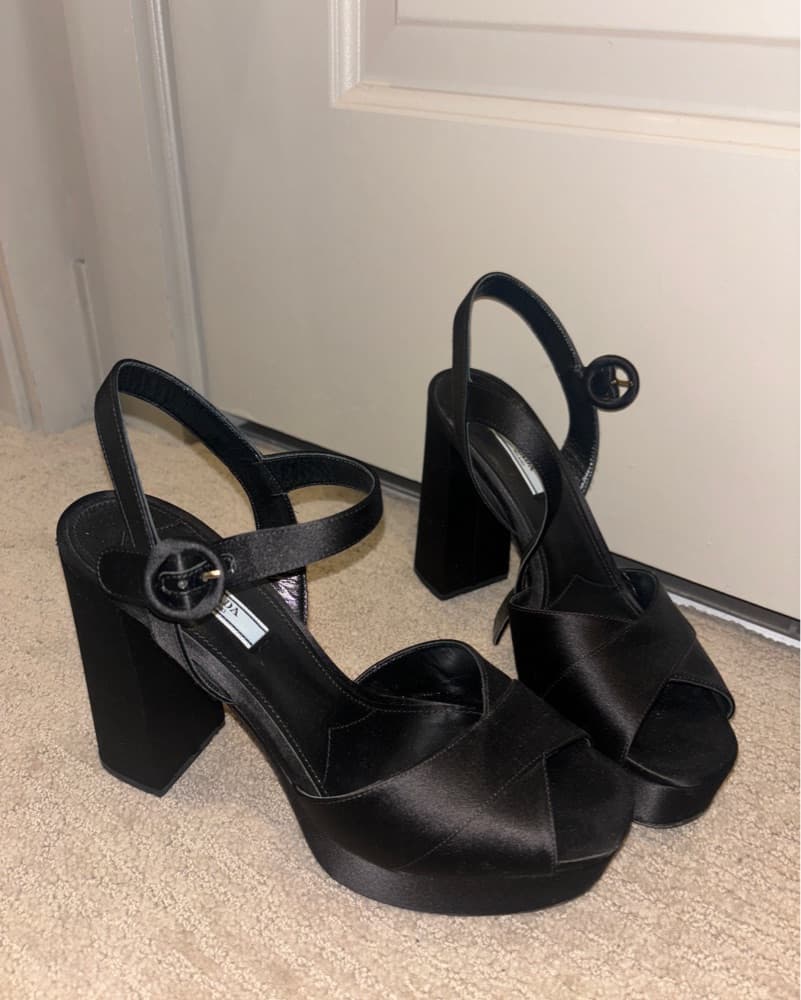 Prada Black Satin Ankle Strap Platform - Image 1