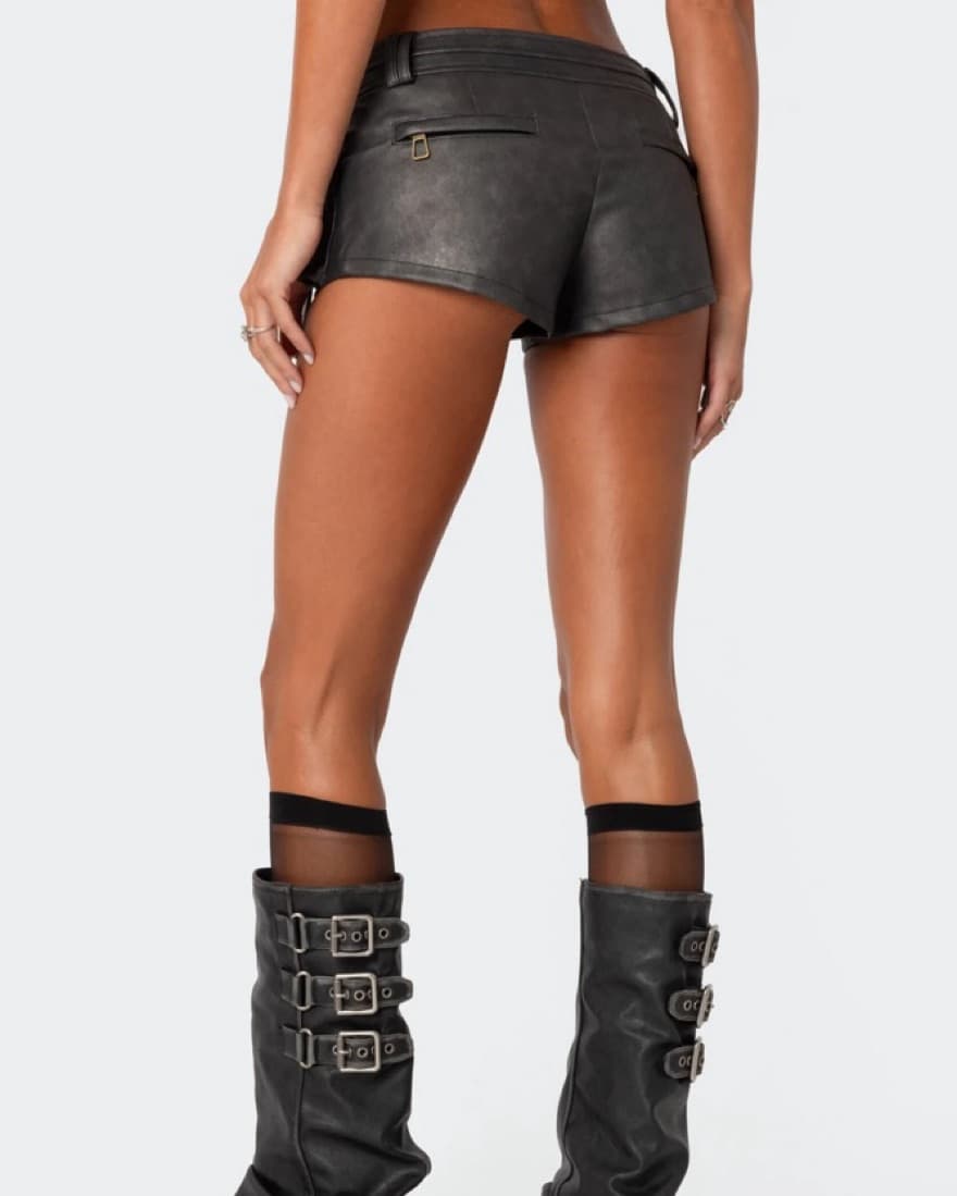 Washed Faux Leather Micro Cargo Shorts - Image 2