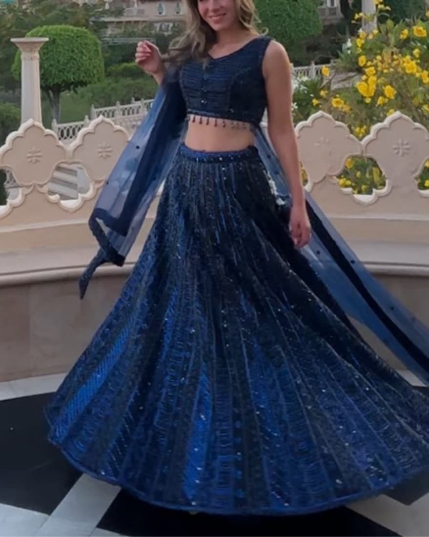 Blue Beaded Lehenga - Image 5