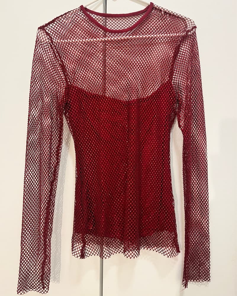 Shimmering Red Mesh Overlay Dress - Image 2