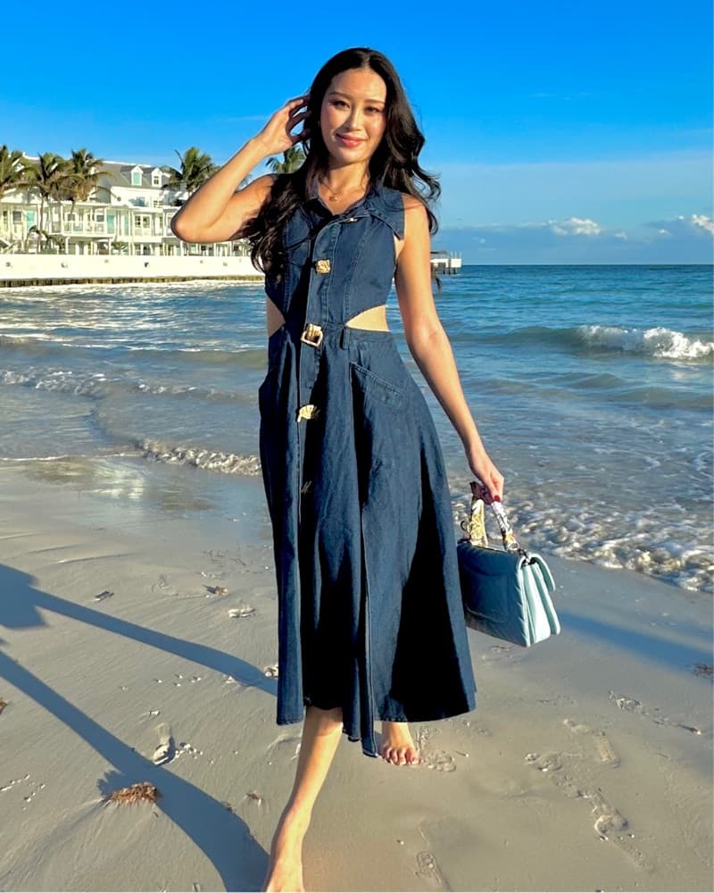 medium wash denim dress with cut outs - Image 2
