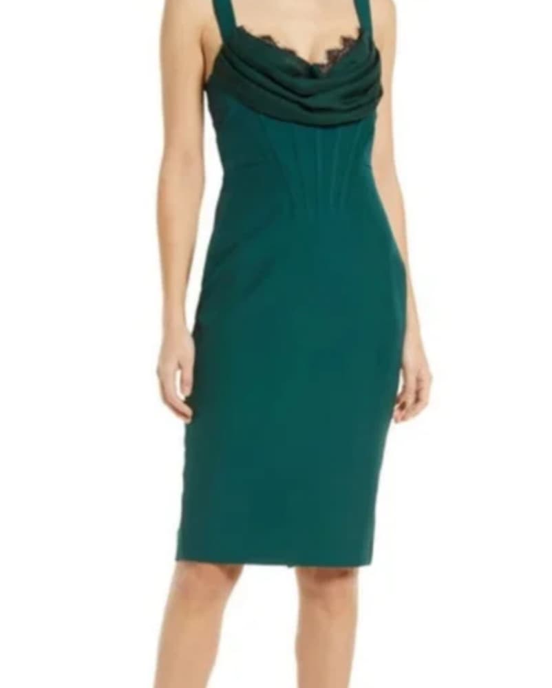 Green Lace Trim Drape Corset Midi Dress - Image 2