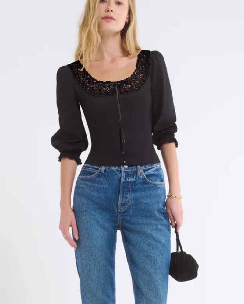 Elegant Black Lace Puff Sleeve Blouse - Image 1