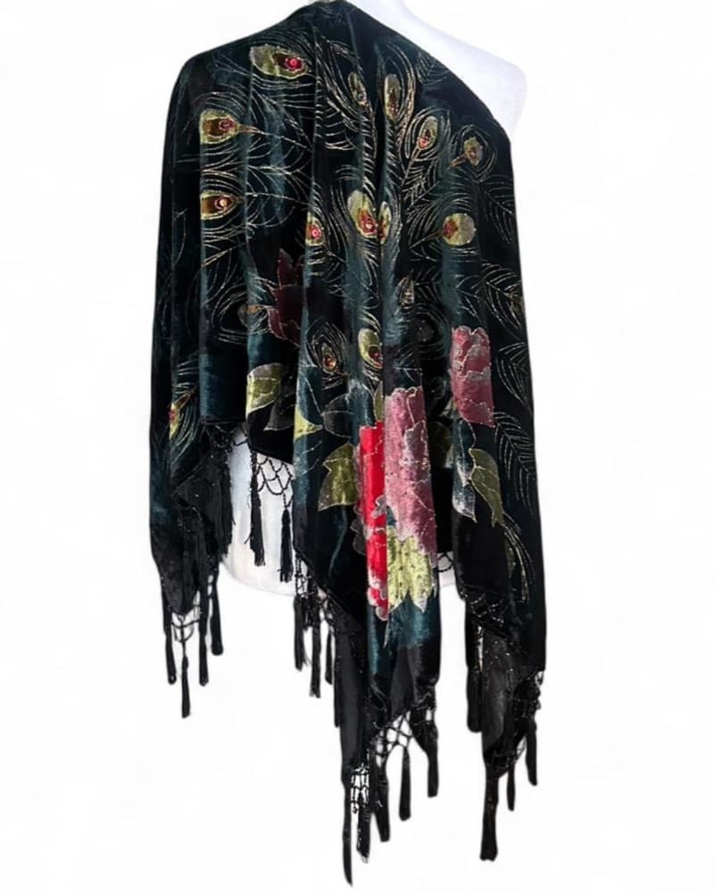 Vintage Velvet Peacock Tassel Poncho - Image 3