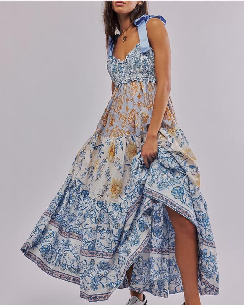 Floral Maxi Dress with Bowed Straps - Image 1