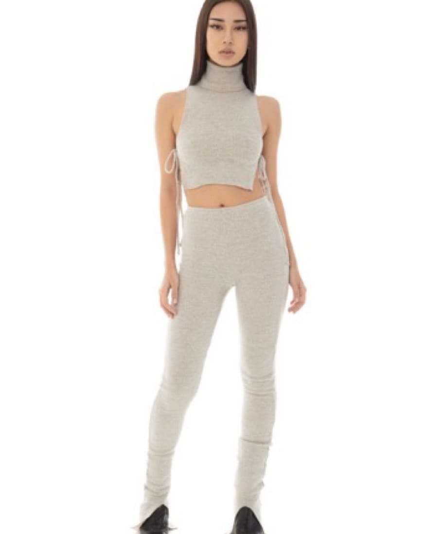 Beige Ribbed Knit Crop Top and Matching Set - Image 2