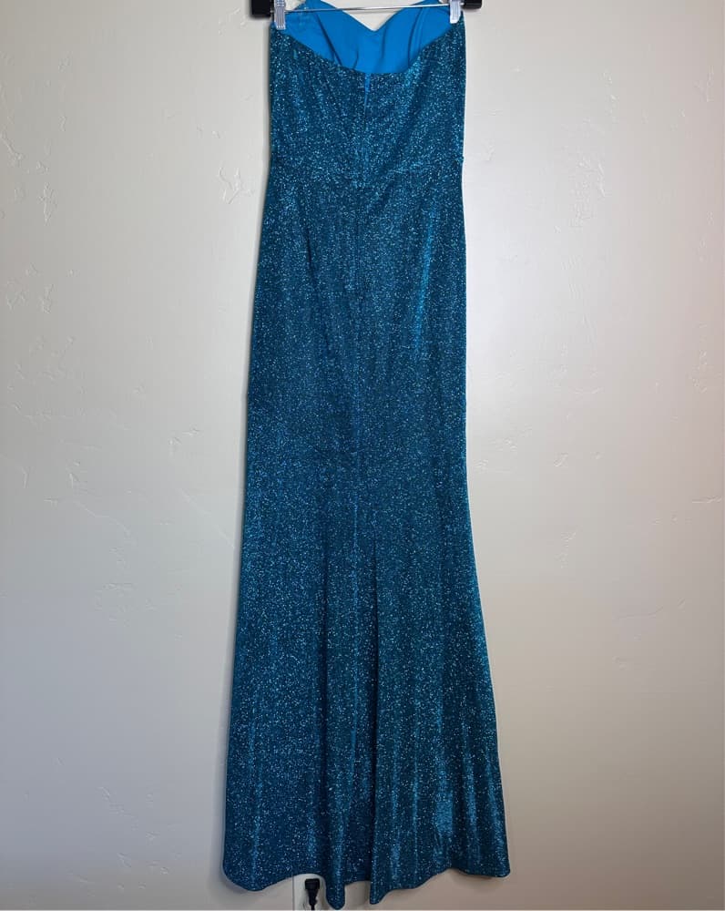 Turquoise Glitter Strapless Formal Gown  - Image 4