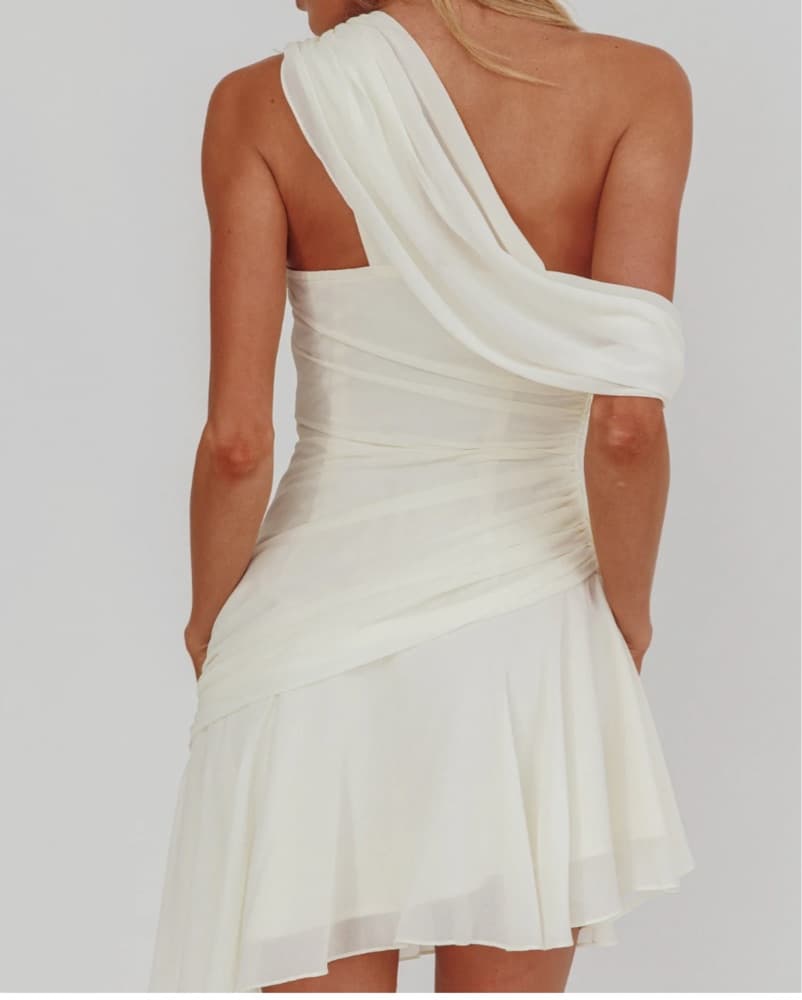 One-Shoulder White Ruched Mini Dress - Image 2