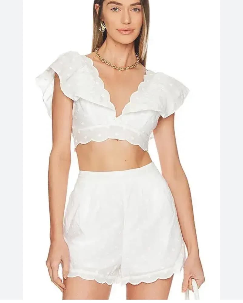Elegant White Polka Dot Crop Top and Scalloped Shorts Set - Image 3