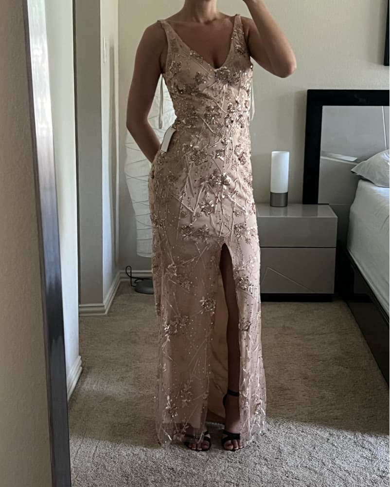 champagne beaded maxi dress with tail - Image 1