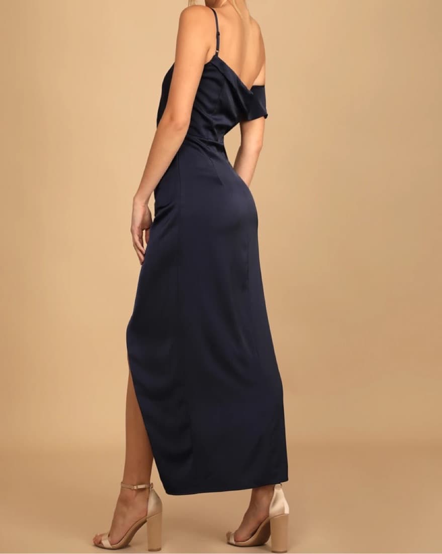 Navy Blue Asymmetrical Tulip Midi Dress - Image 4