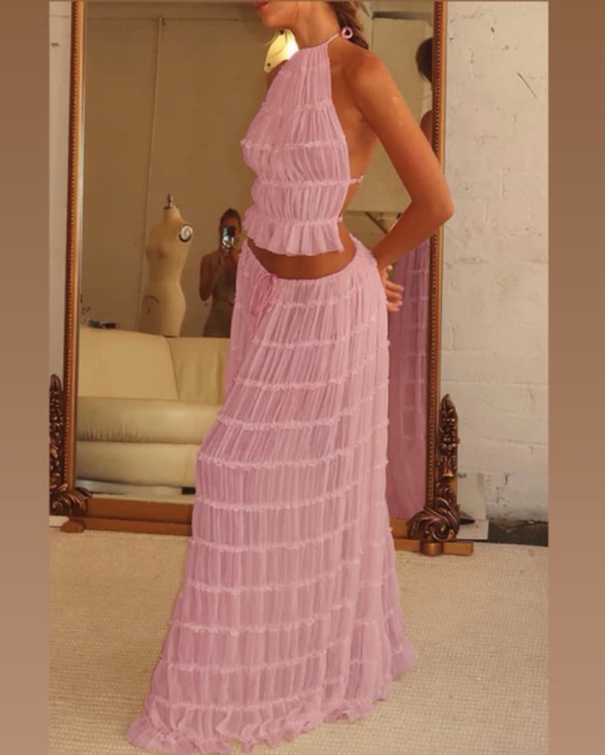 VINTAGE PINK PLEATED MAXI SKIRT SET - Image 1