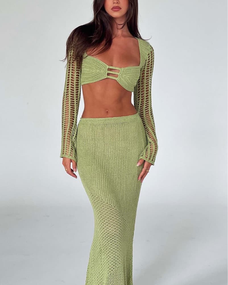 Green Crochet Maxi Skirt & Crop Top Set - Image 3