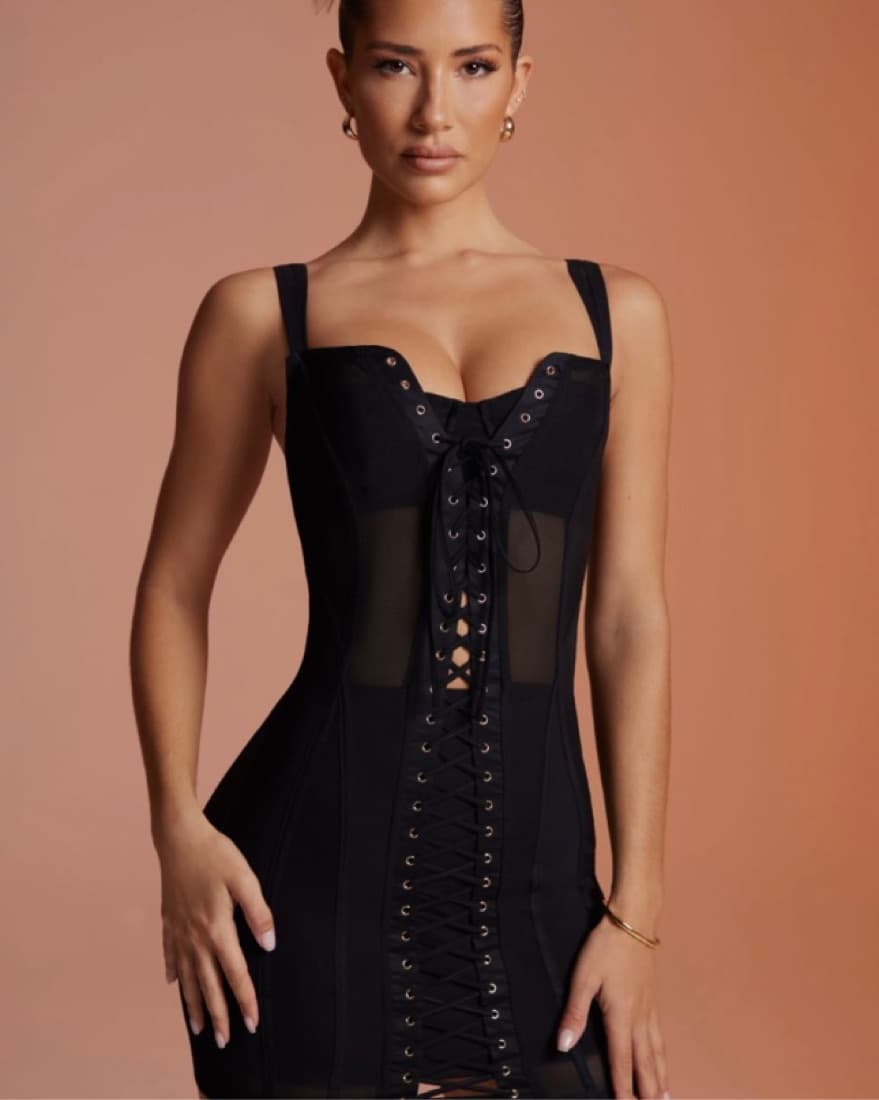 Black Lace Up Mesh Corset Dress - Image 3