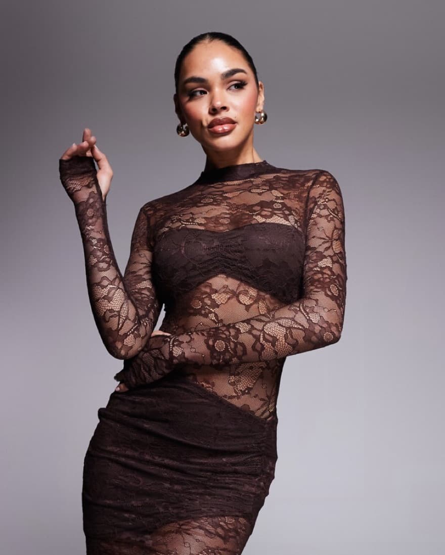 High neck lace bodysuit, Maxi Skirt Set - Image 2