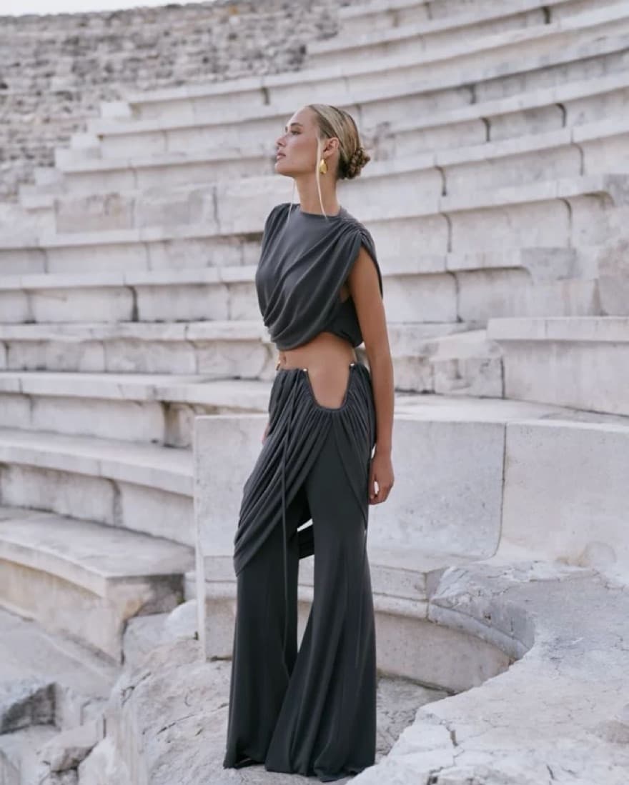 Draped Crop Top & Wide Leg Pants Set - Image 2