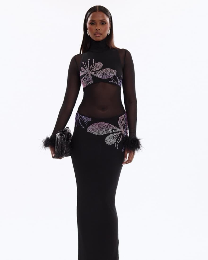 Glamorous Rhinestoned Feather Trim Dress - Image 1