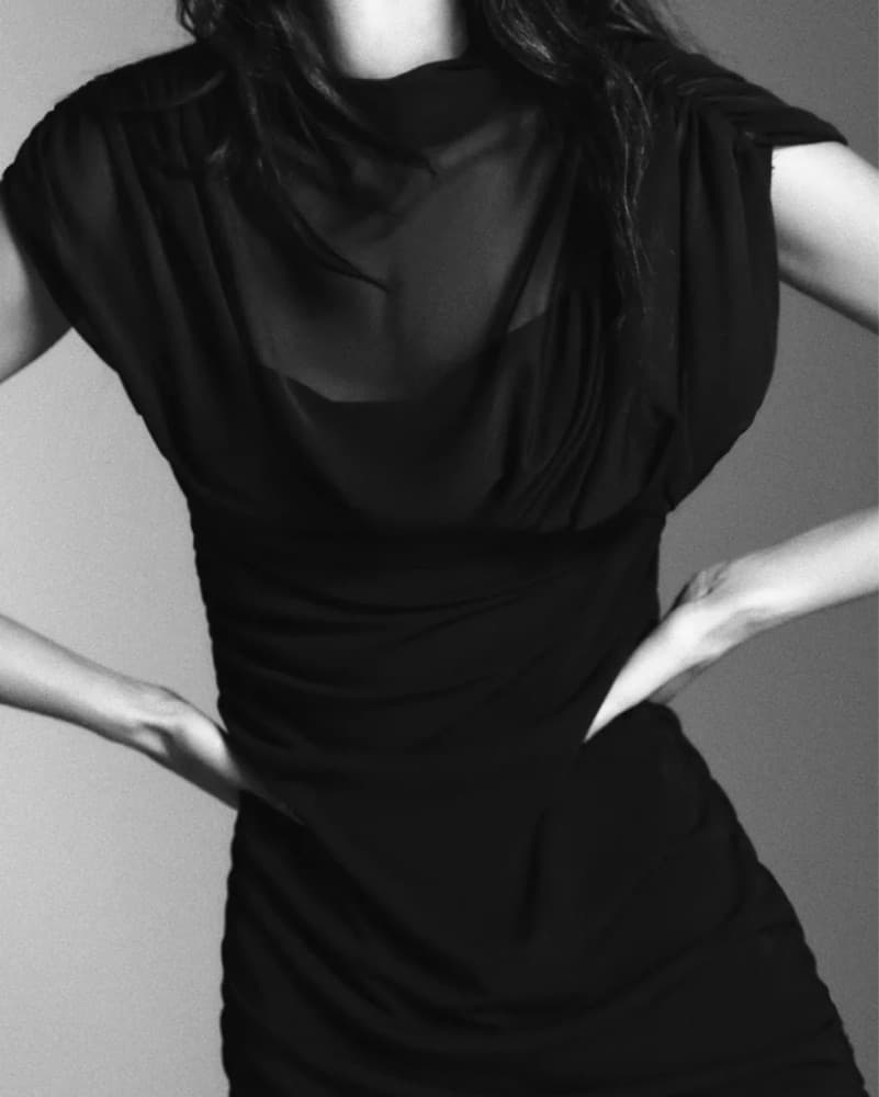 Black Combined Draped Midi Dress Sheer  - Image 4