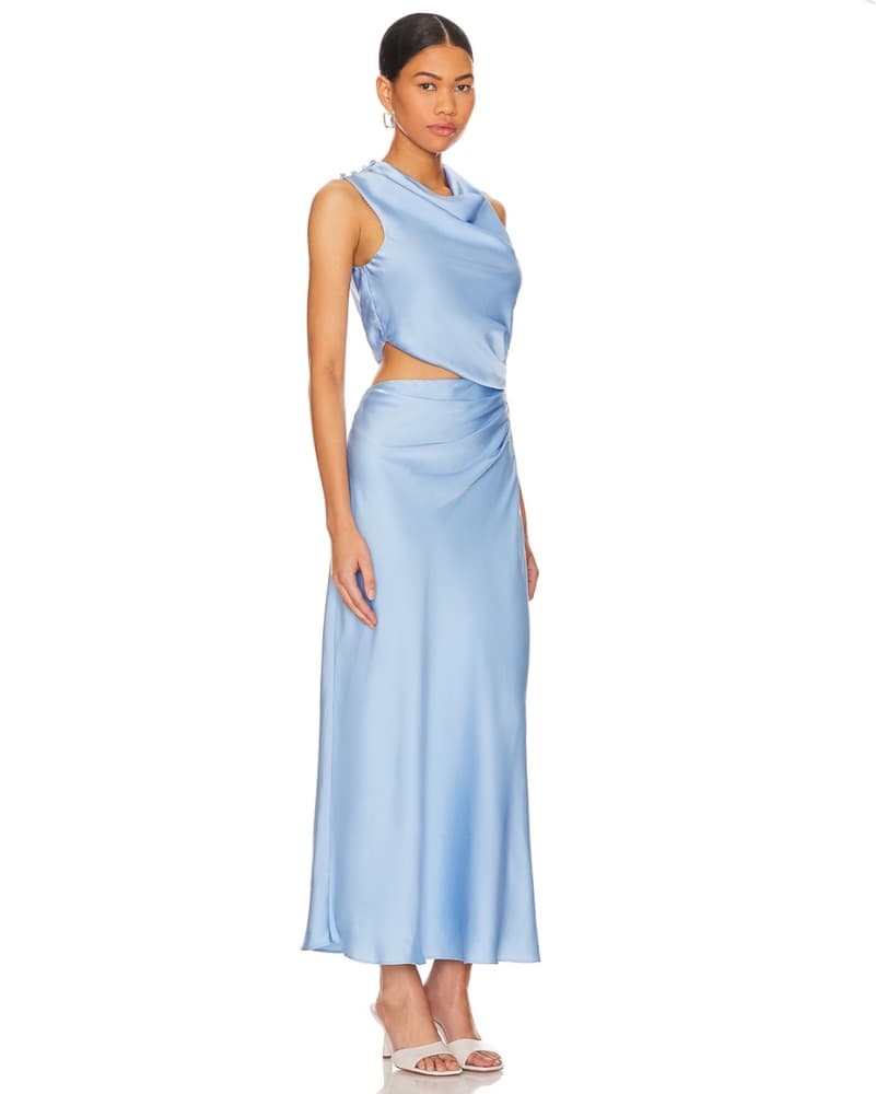 Misha Blue Draped Satin Midi Dress - Image 3