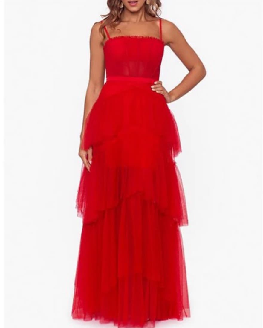 Red Ruffle Tulle Tiered Mesh Gown - Image 2