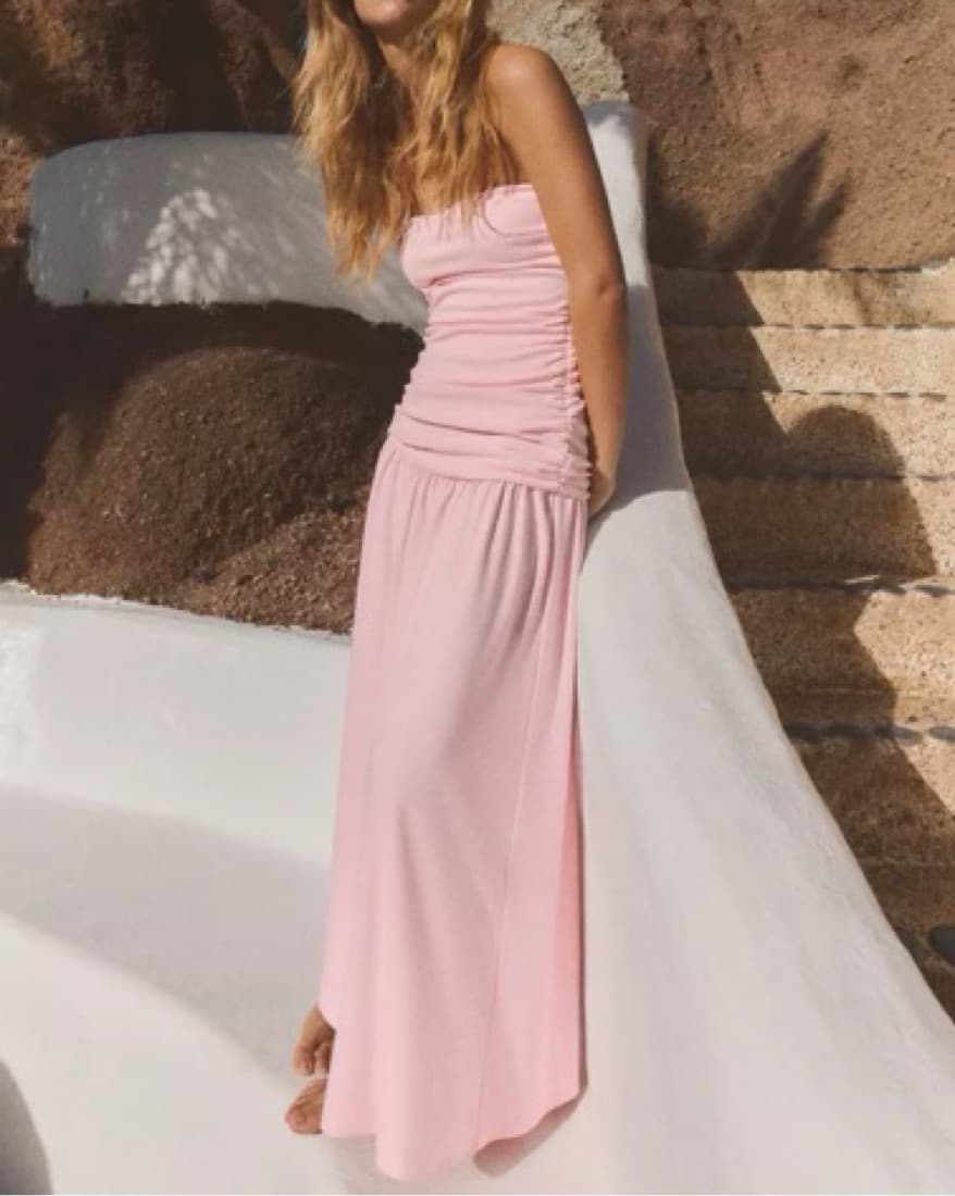Pink Ruched Strapless Dress - Image 1