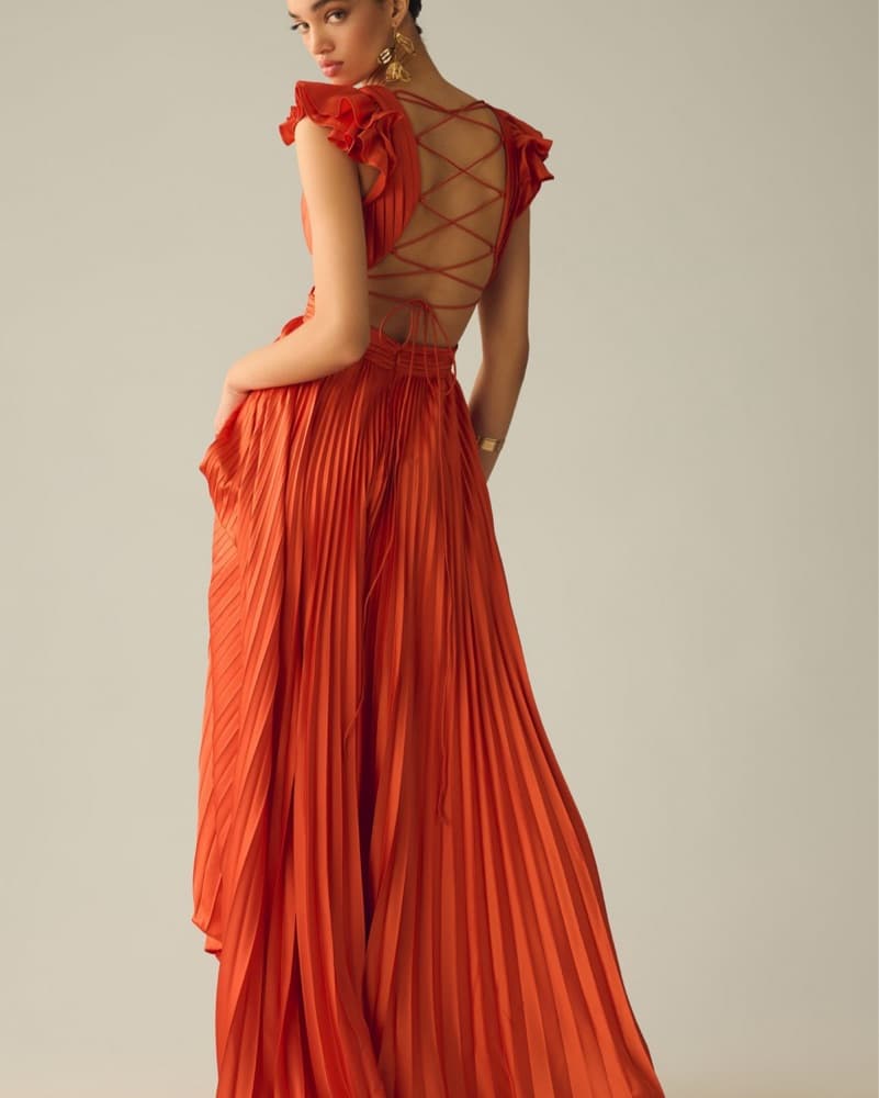 Mac Duggal Pleated Deep-V Lace Up Gown - Image 4