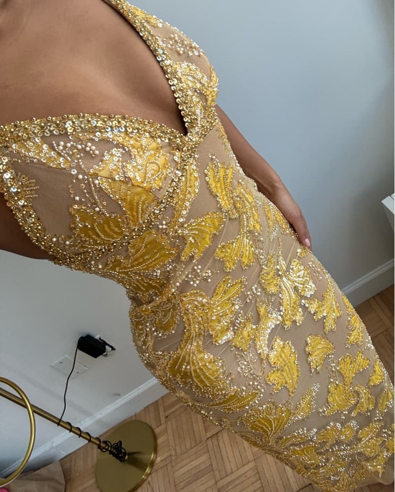 Gold Beaded Sequin Midi Pencil Dress - Image 5