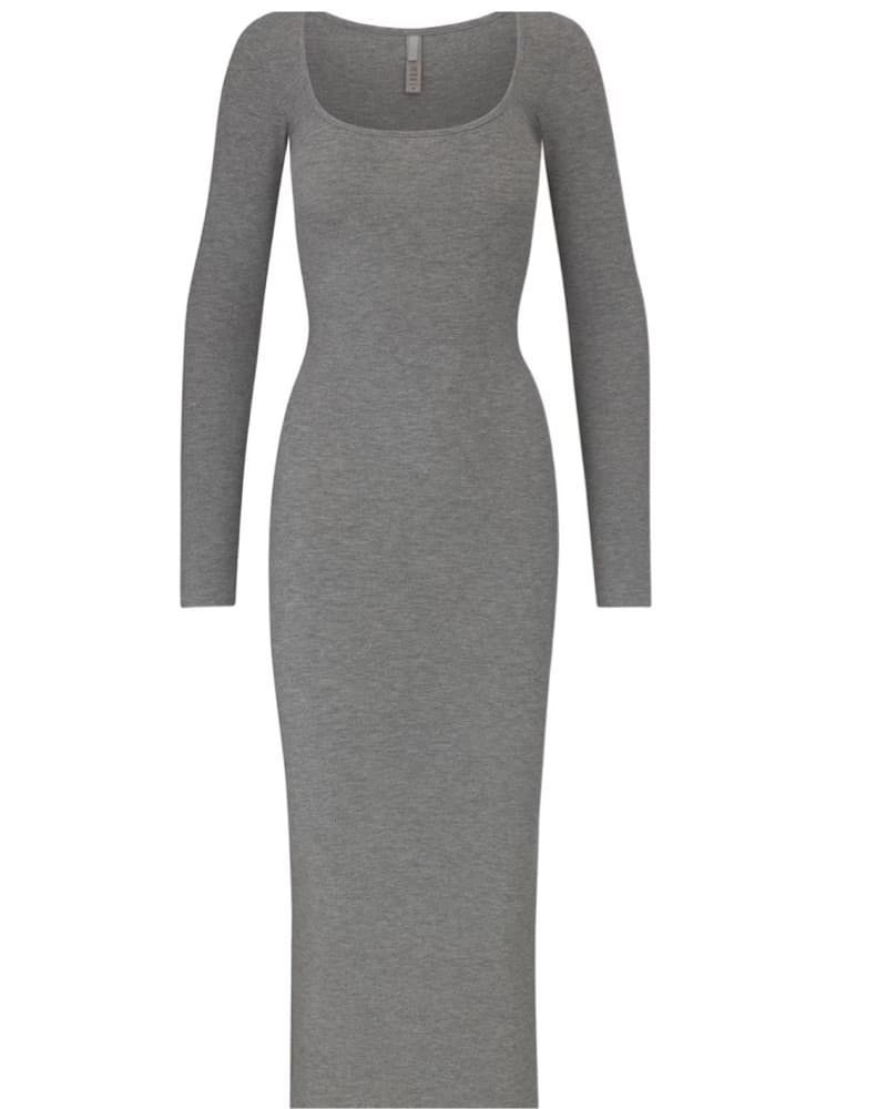 Elegant Gray Ribbed Midi Dress - Image 1