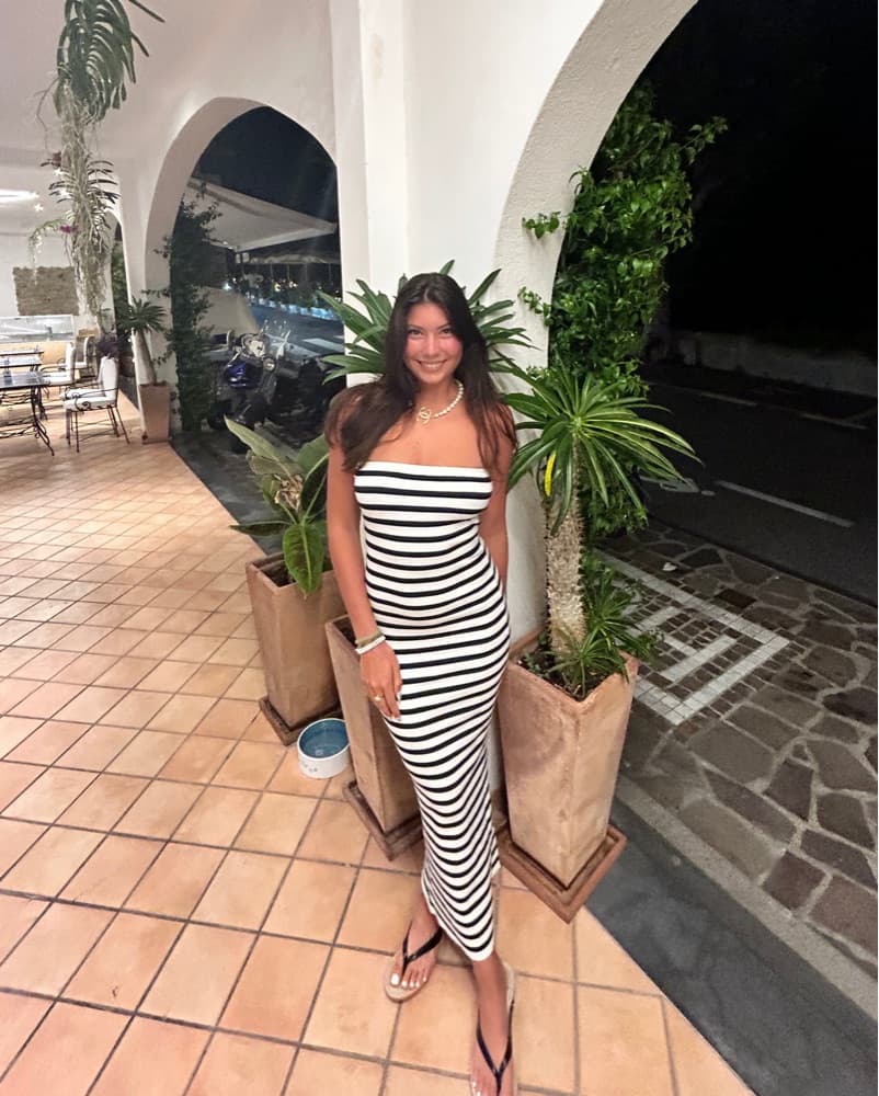 Navy/White Striped Strapless Maxi Dress - Image 1