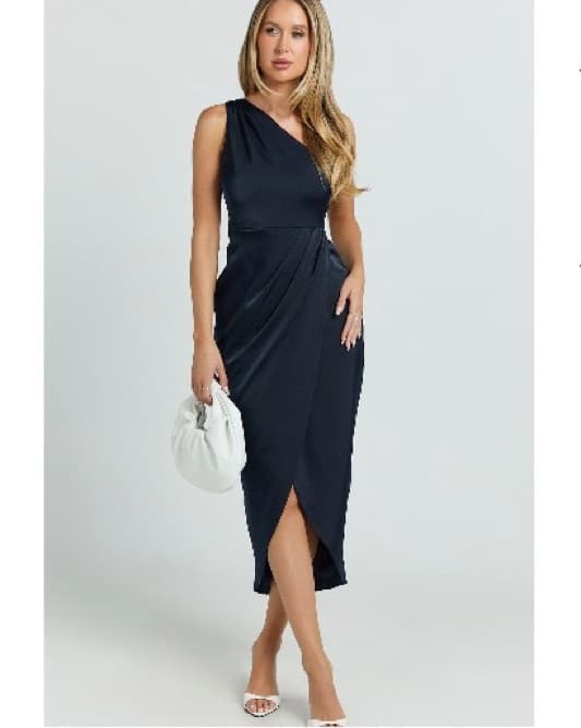 One Shoulder Drape Dress – Navy - Image 1