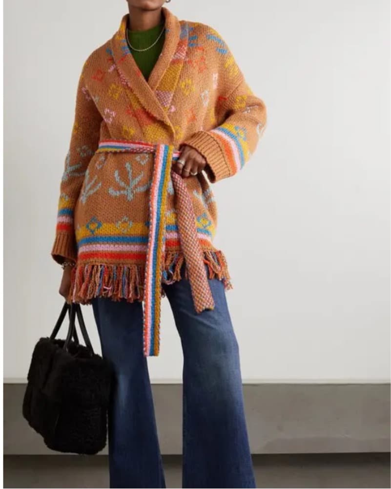Fringed Intarsia Cotton Wrap Sweater  - Image 3