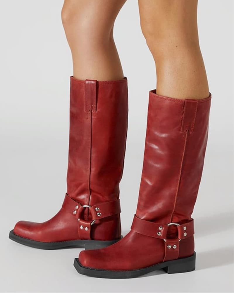 Red Boots w Silver Buckle & Studs - Image 1