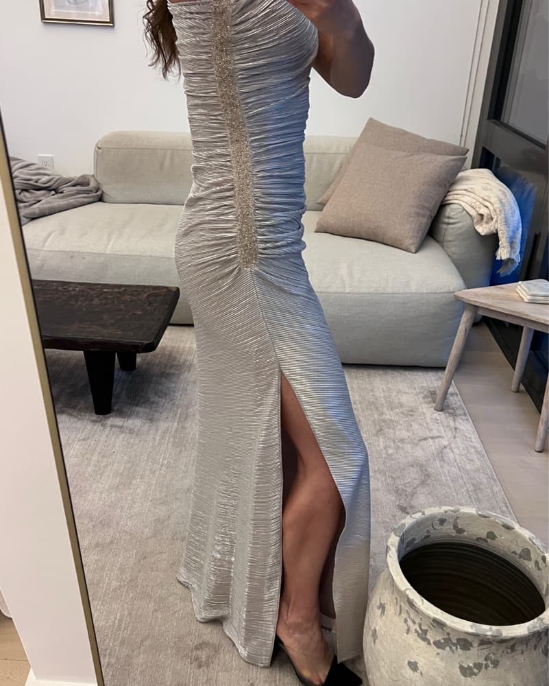 Formal One Shoulder Silver Dress - Image 5