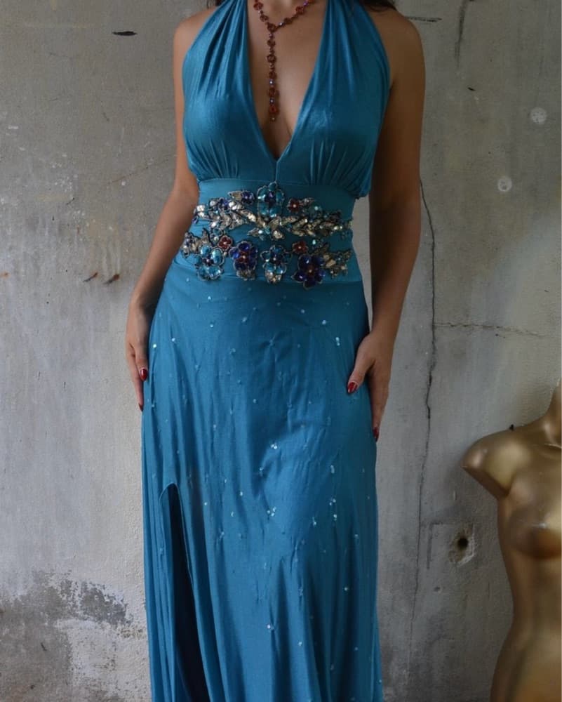 Beaded Blue Halter Dress Open back - Image 1