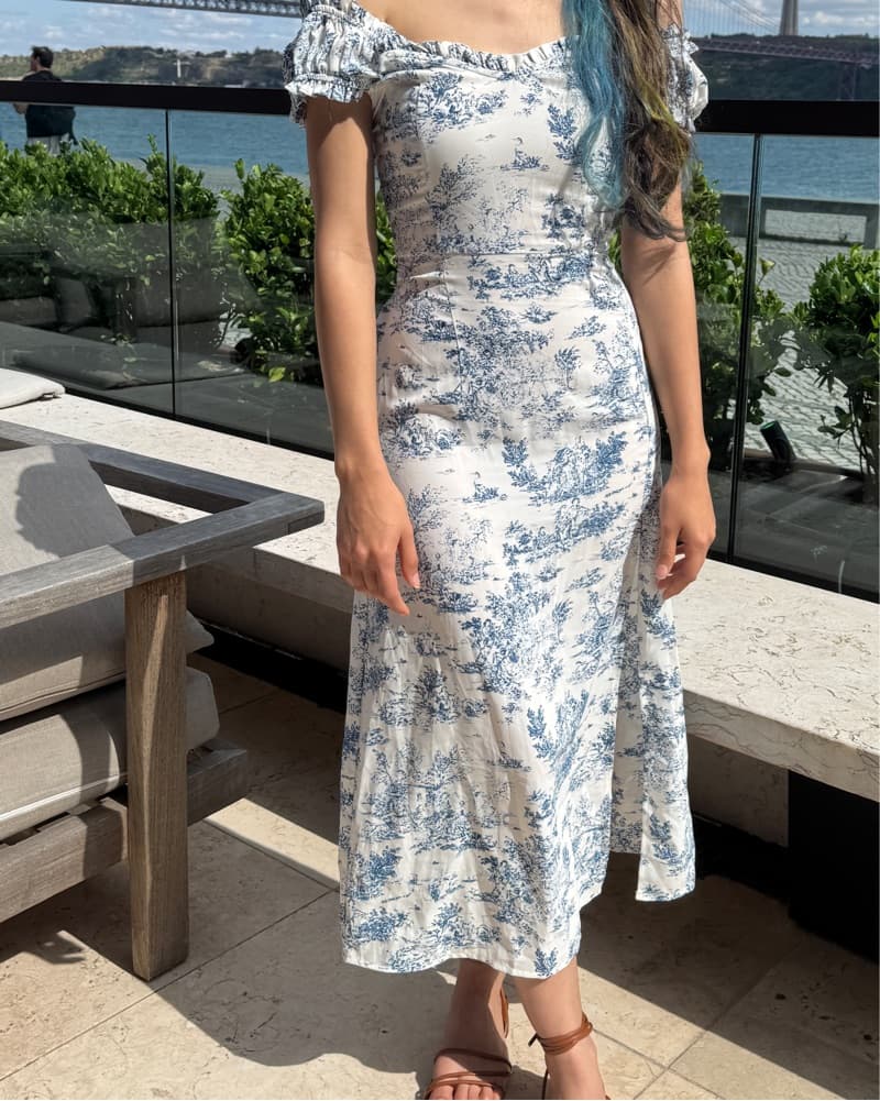 White And Blue Floral Midi Dress - Image 3