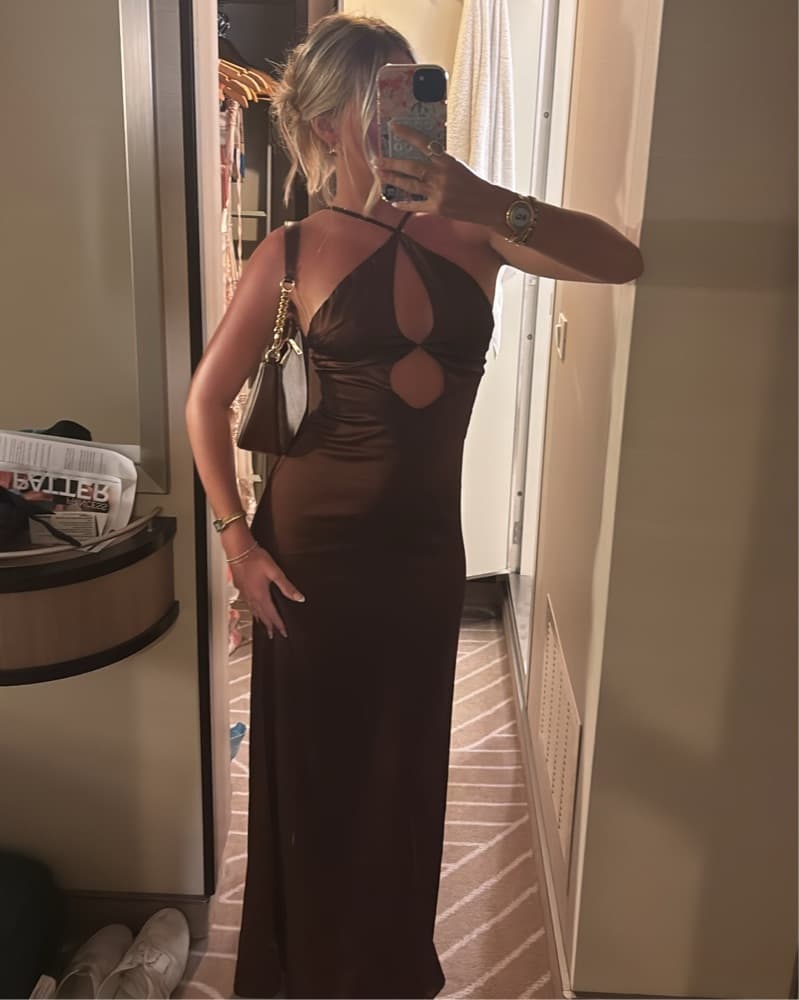 Elegant Chocolate Halter Gown - Image 1