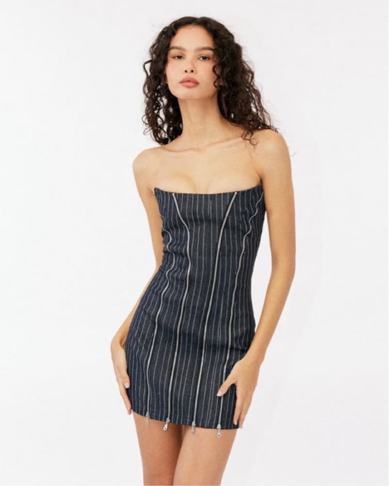 With Jean Pin Stripes Zipper Mini Dress - Image 1
