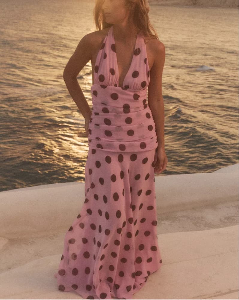 Zara Pink And Brown Polka Dot Maxi Dress - Image 1