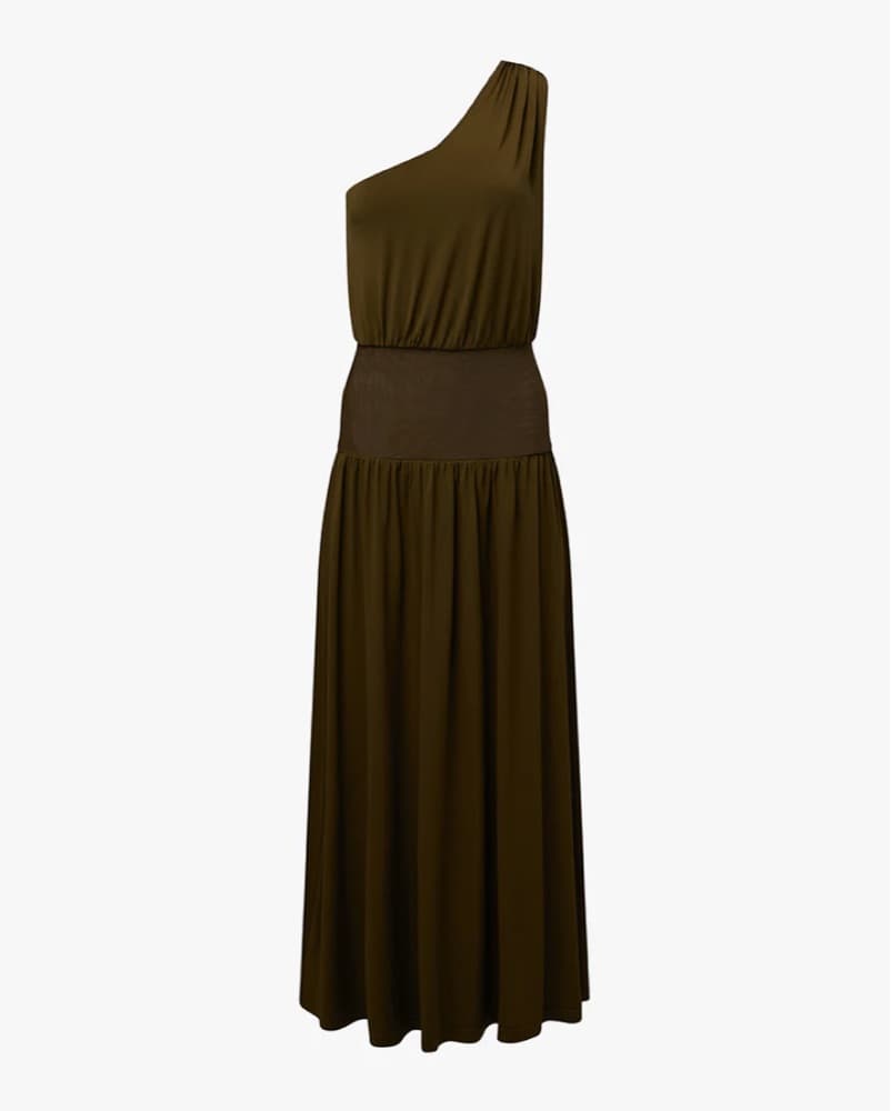 One-Shoulder Olive Green Maxi Dress - Image 1