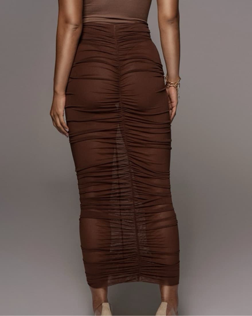 JLUXLABEL Brown Ruched Sheer Mesh Skirt - Image 4