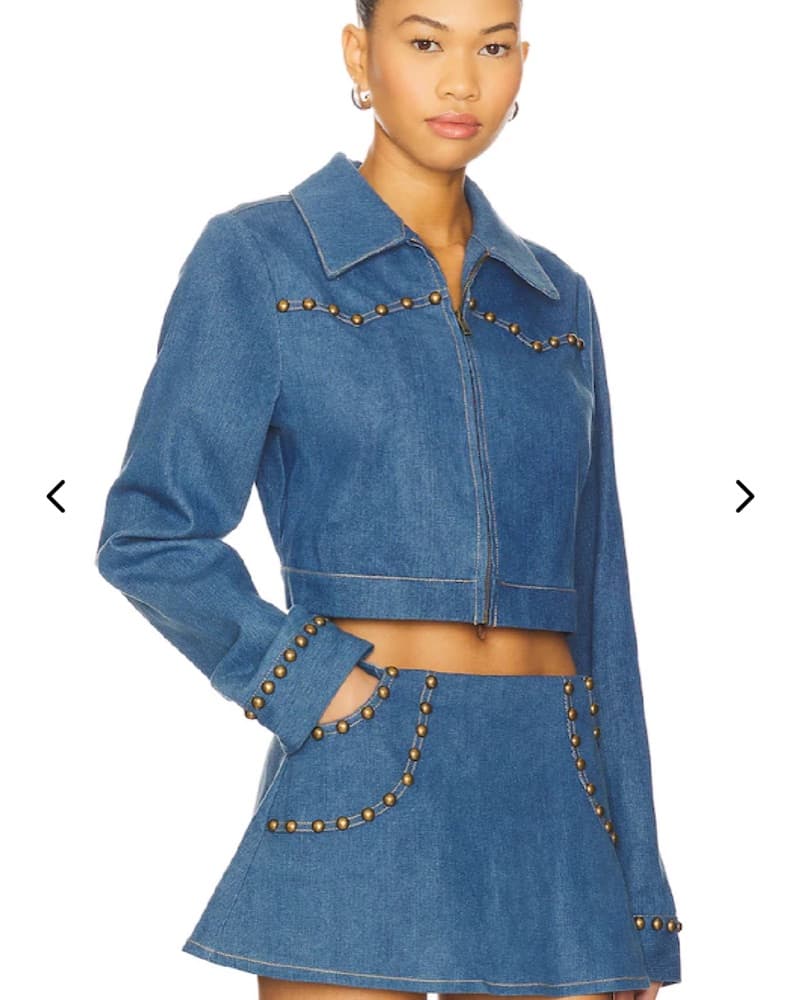 Studded Denim Cropped Jacket and Skirt Set - Image 1
