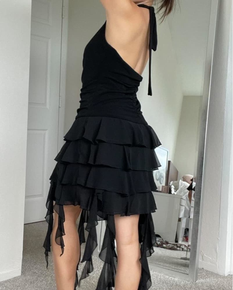 Black y2k Asymmetrical Hem Ruffle Dress - Image 3
