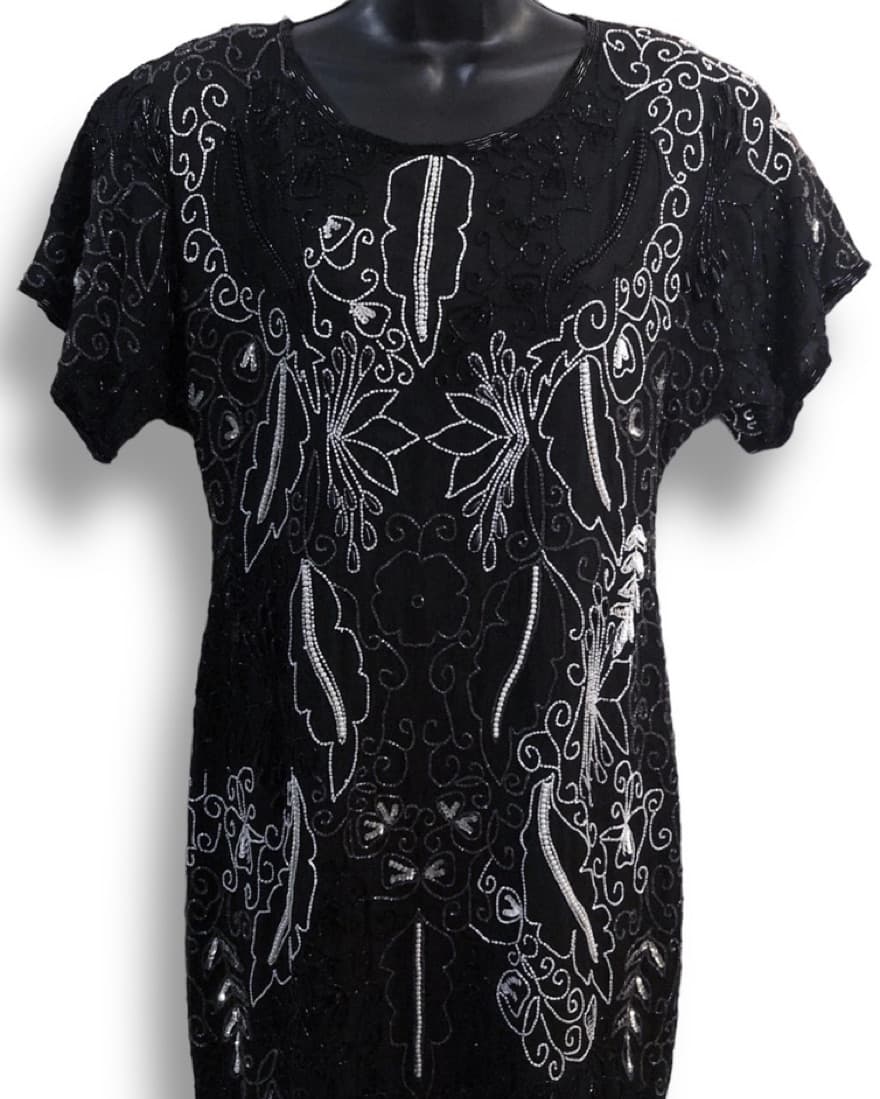 Vintage Black Beaded Silk Dress - Image 2