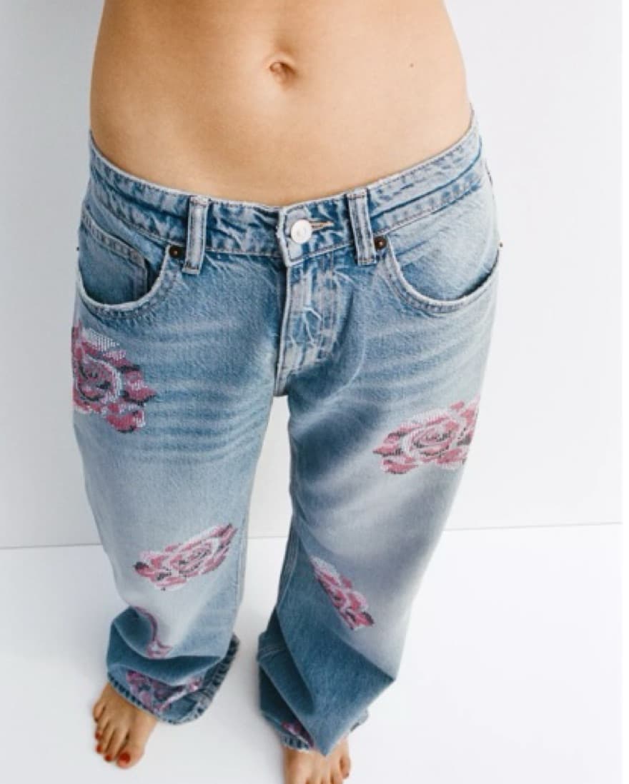 Mid-rise Rose Rhinestone Slouchy Jeans  - Image 4