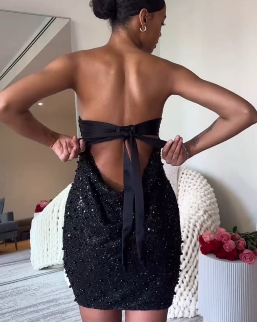Satin Sequin Pearls Beaded Mini Dress - Image 5
